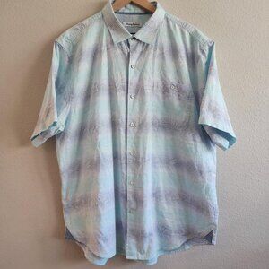 Tommy Bahama Shirt Mens XL Blue White Palm Stripe Short Sleeve Button Up Relaxed